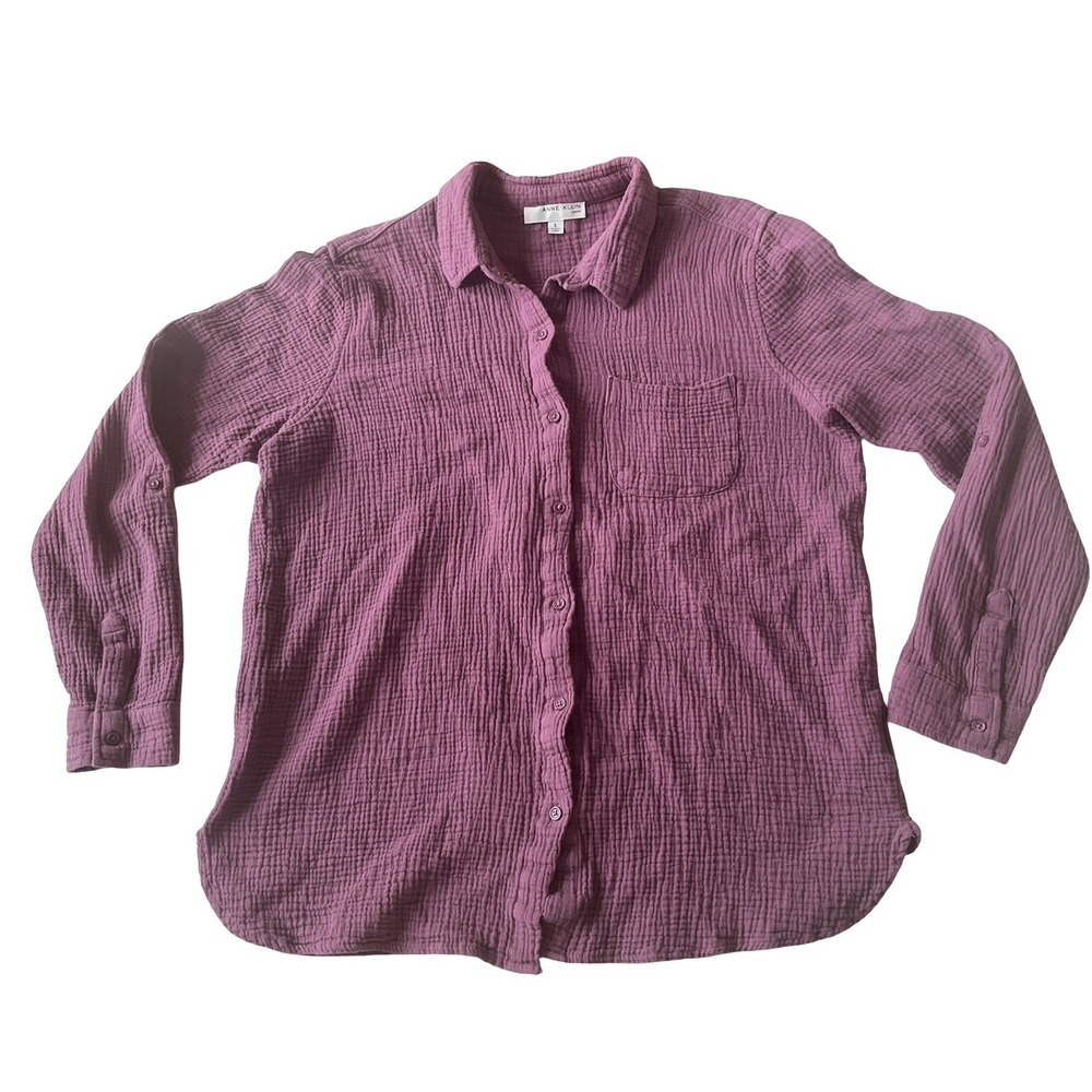 Anne Klein Jeans Women's Size L Seersucker Purple Button Up Casual 100% Cotton